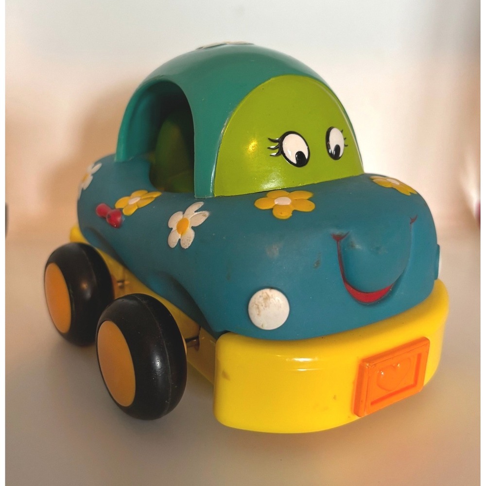 Flower Power Toy Pull Back Car Teal Yellow Daisy Smiling Face Toddler Toy